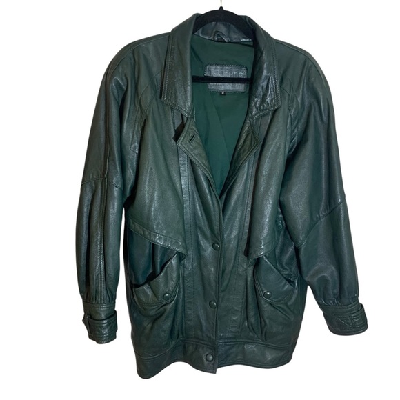 Vintage Jackets & Blazers - Vtg green leather jacket long bomber snap front pockets buckle cuffs oversized M